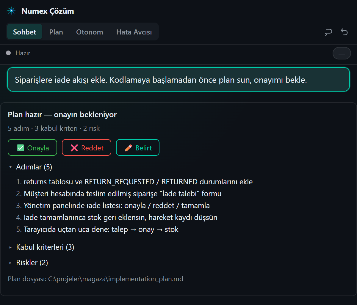 Plan hazır, onayın bekleniyor kartı: 5 adım, 3 kabul kriteri, 2 risk; Onayla, Reddet, Belirt düğmeleri ve plan dosyasının yolu
