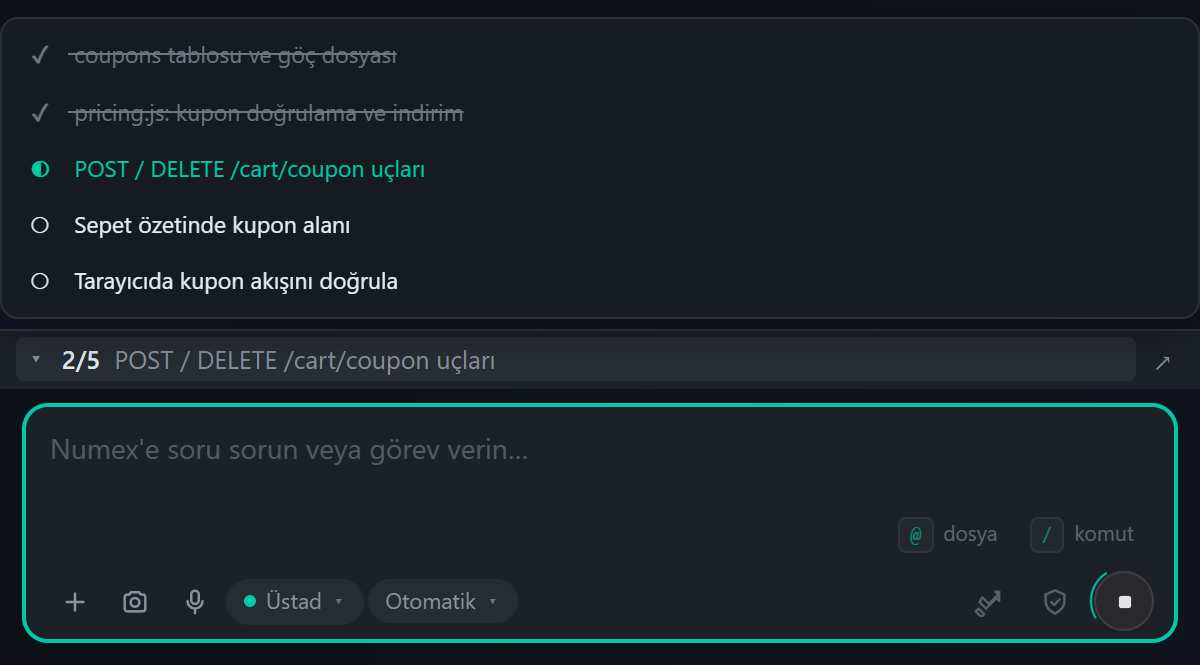 Uygulama sırasında görev listesi: iki adım tamam, üçüncü adım sürüyor, iki adım bekliyor; şeritte 2/5