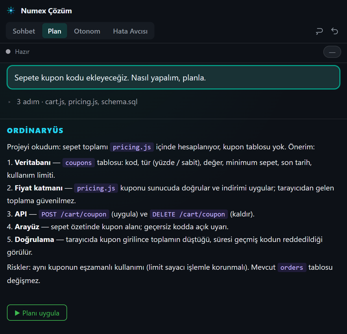 Plan modunda ajan üç dosyayı okuyup kupon özelliği için beş adımlı plan yazıyor; altta Planı uygula düğmesi