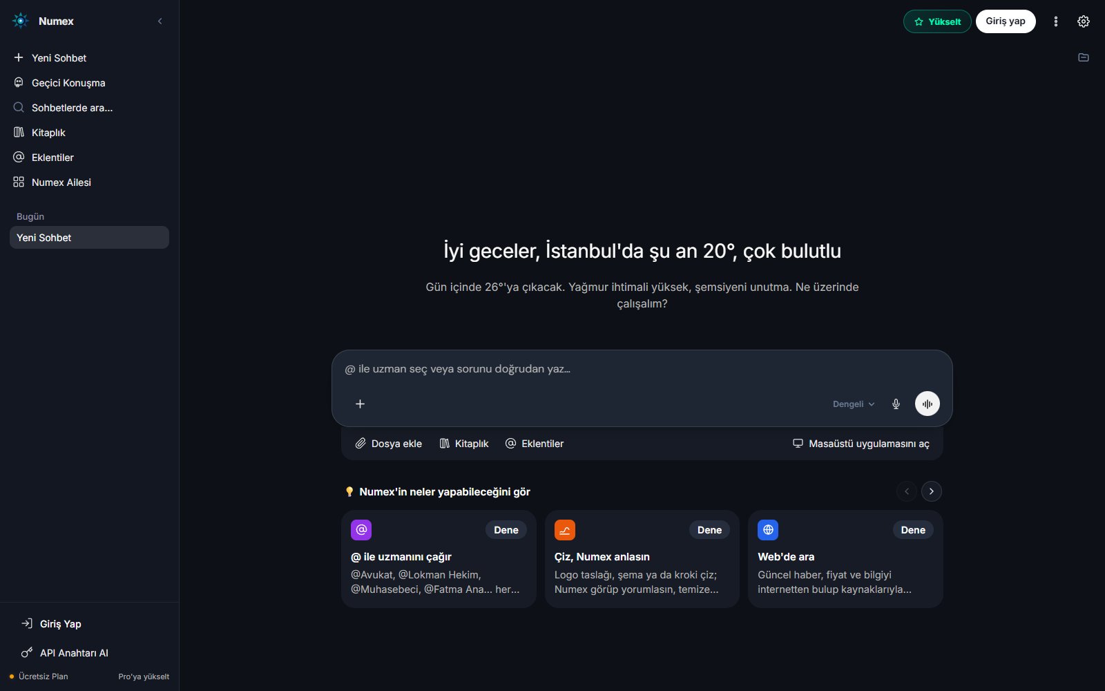 Numex AI web sohbet ekranı — Türkçe yapay zeka asistanı ana sayfası