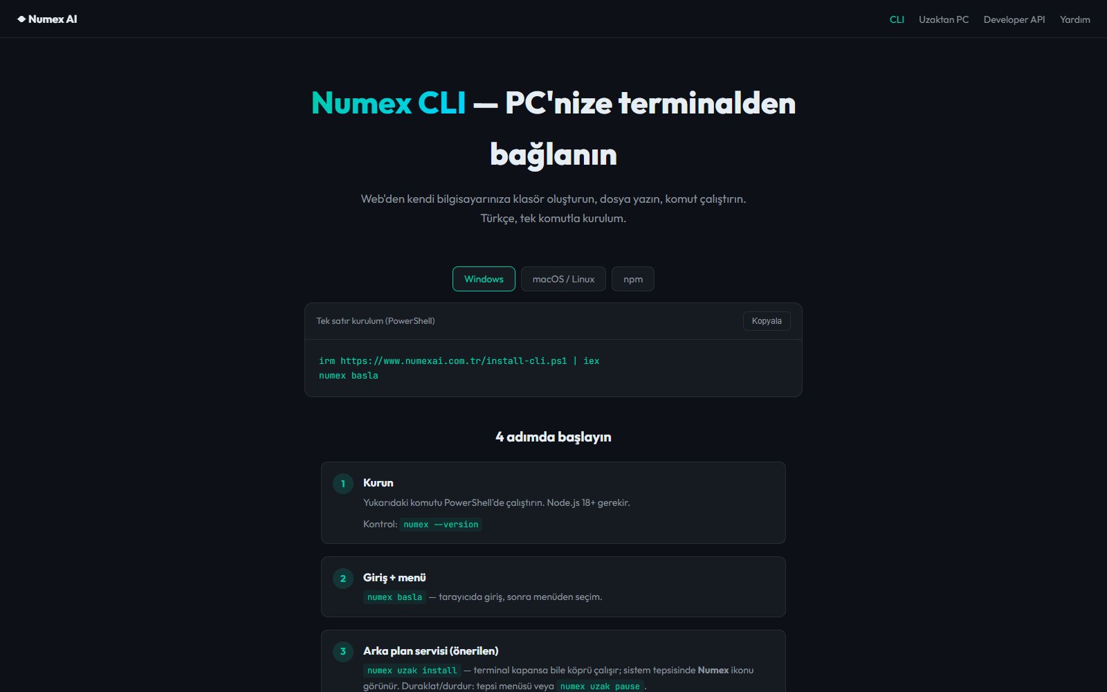 Numex CLI kurulum sayfası — PowerShell tek satır kurulum ve 4 adımda başlangıç