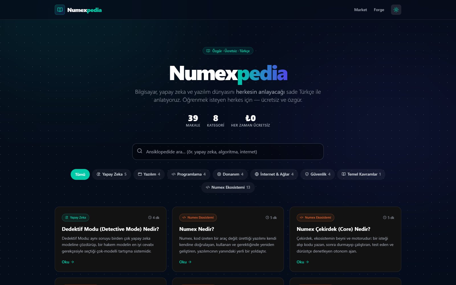 Numexpedia ana sayfası — özgür Türkçe ansiklopedi, kategoriler ve makaleler